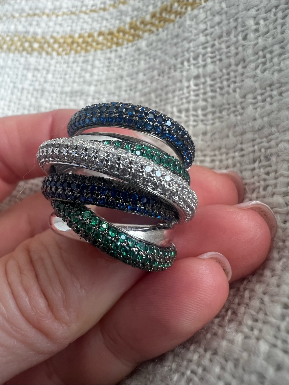 Multi-Row Blue, Green & White Crystal Spiral Ring - Women Jewelry